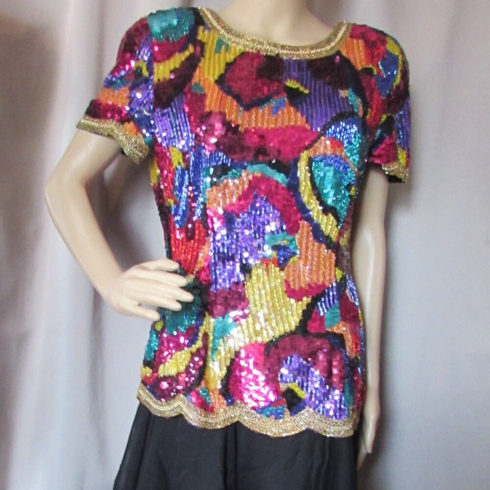 Cocktail Dress Oleg Cassini Black Tie Sequin Drop Waist Flirty Skirt